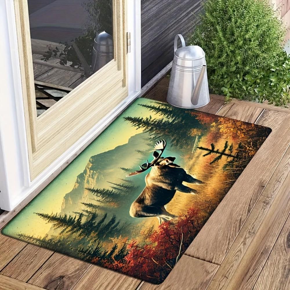 Elk Pattern Doormat, Rustic-Style Non-Slip Low-Pile Rug, Suitable for Porches, Gardens, and Outdoor Use