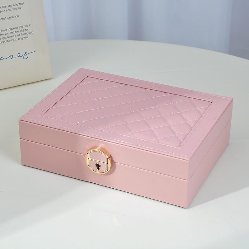 «Вместительная запирающаяся шкатулка для украшений с тремя ярусами и современным ромбовидным узором для ожерелий и сережек»