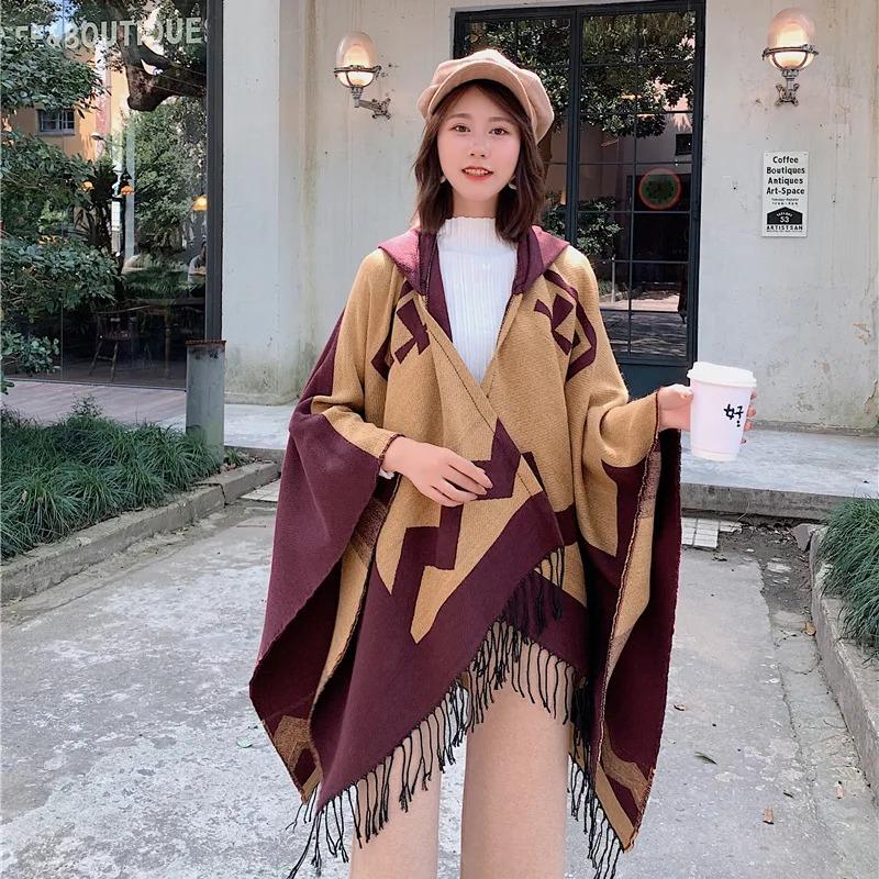 21 Style Big Pendulum Cloak With Hat Arabic Poncho Women Leopard Pocket Shawl Cape Knitted Middle East Split Thick Warm Blanket