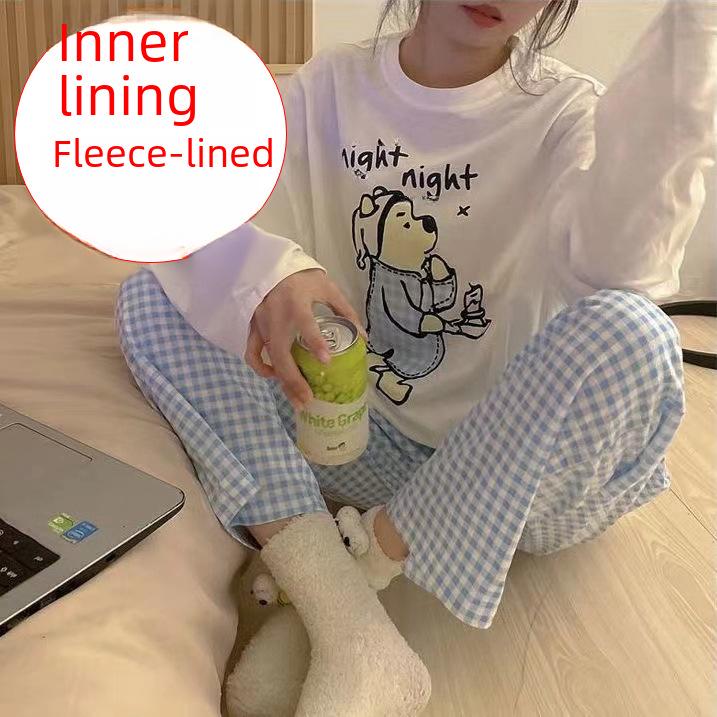 Женская теплая флисовая пижама прямого покроя: Осенне-зимние повседневные брюки для прогулок и ношения на открытом воздухе