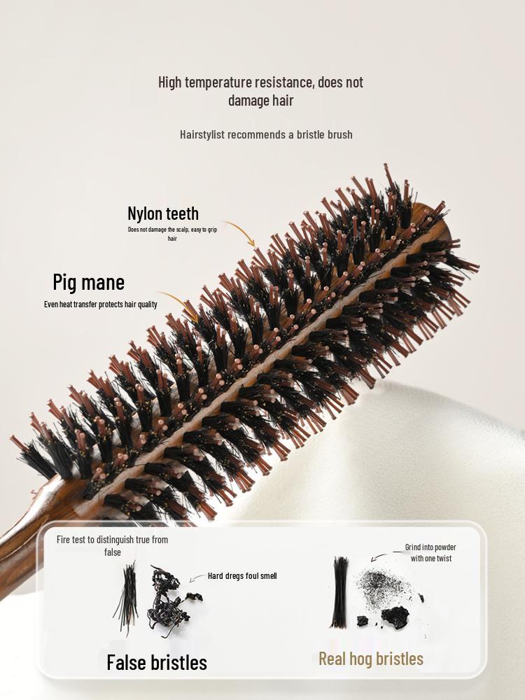 2025 Wooden Boar Bristle Anti-Static Curling Comb for Women's Long Hair - Round Barrel Hair Styling Roller