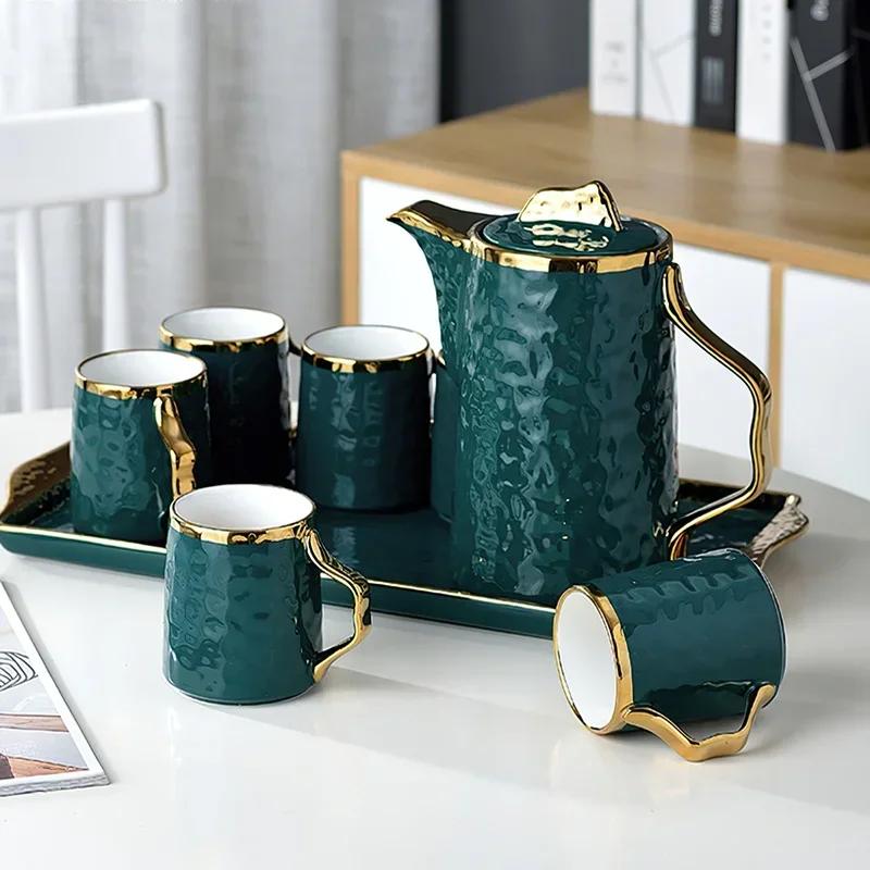 Кофейный сервиз из зеленого фарфора, 1 чайник, 6 чашек, 1 поднос, чайный сервиз Phnom, керамическая ручка для кофе, кружка, кофейная посуда, свадебный подарок, посуда для напитков