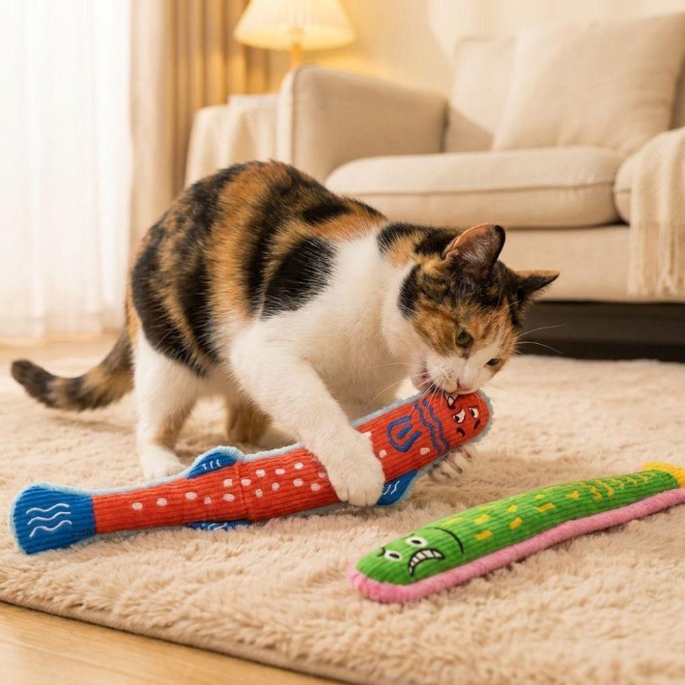Long Fish Cat Fish Shaped Toy Cartoon Interactive Molar Toy Cat Teaser Stick Kitten Play