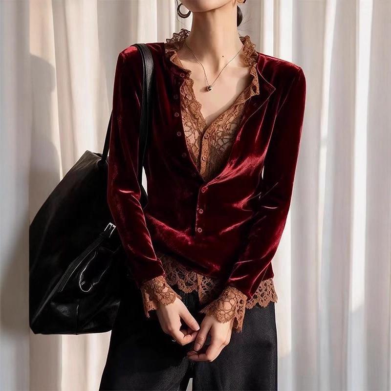 Женский осенний топ из бархата и кружева, пэчворк, цвет бордо, комплект из двух предметов, 2025