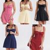 Women Summer Dress Bandeau Drawstring Skater Hem Suspender Dress Solid Color Short Dress Parties Beach Wear