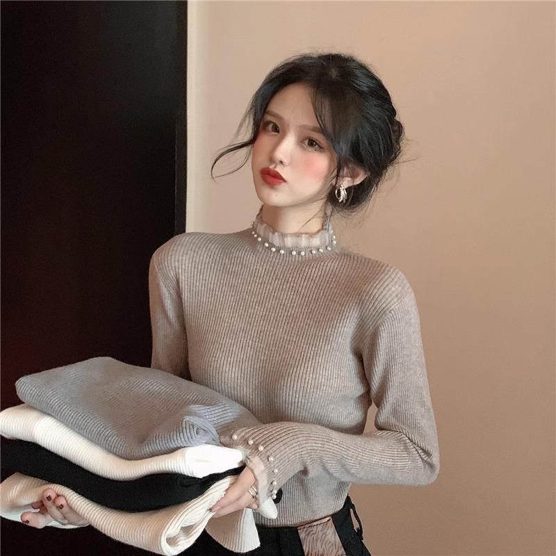 Autumn Slim Fit Design with Lace Patchwork Top Pearl Semi High Neck Base Knitted Sweater for Women's Wear