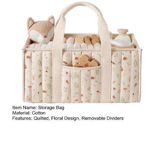 Цветочная стеганая сумка для подгузников Тканевая корзина для хранения Цветочный органайзер для детских подгузников с ручками и съемными перегородками для детской комнаты, автомобиля, спальни