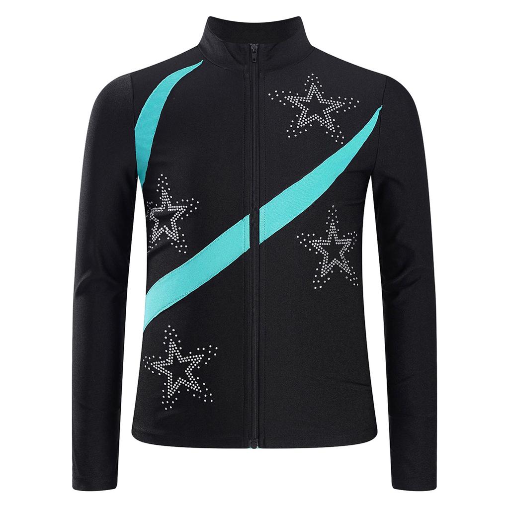Girls Shiny Rhinestone Star Sports Top Contrast Color Long Sleeve Stand Collar Zipper Sweatshirt Gymnastics Wear