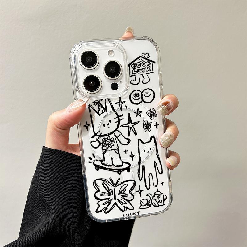 Крутой чехол-зарядка с граффити-котом для iPhone 17 Air 16 E 15 14 Plus 13 12 Mini 11 Pro Max Прозрачный силиконовый чехол с бортиком