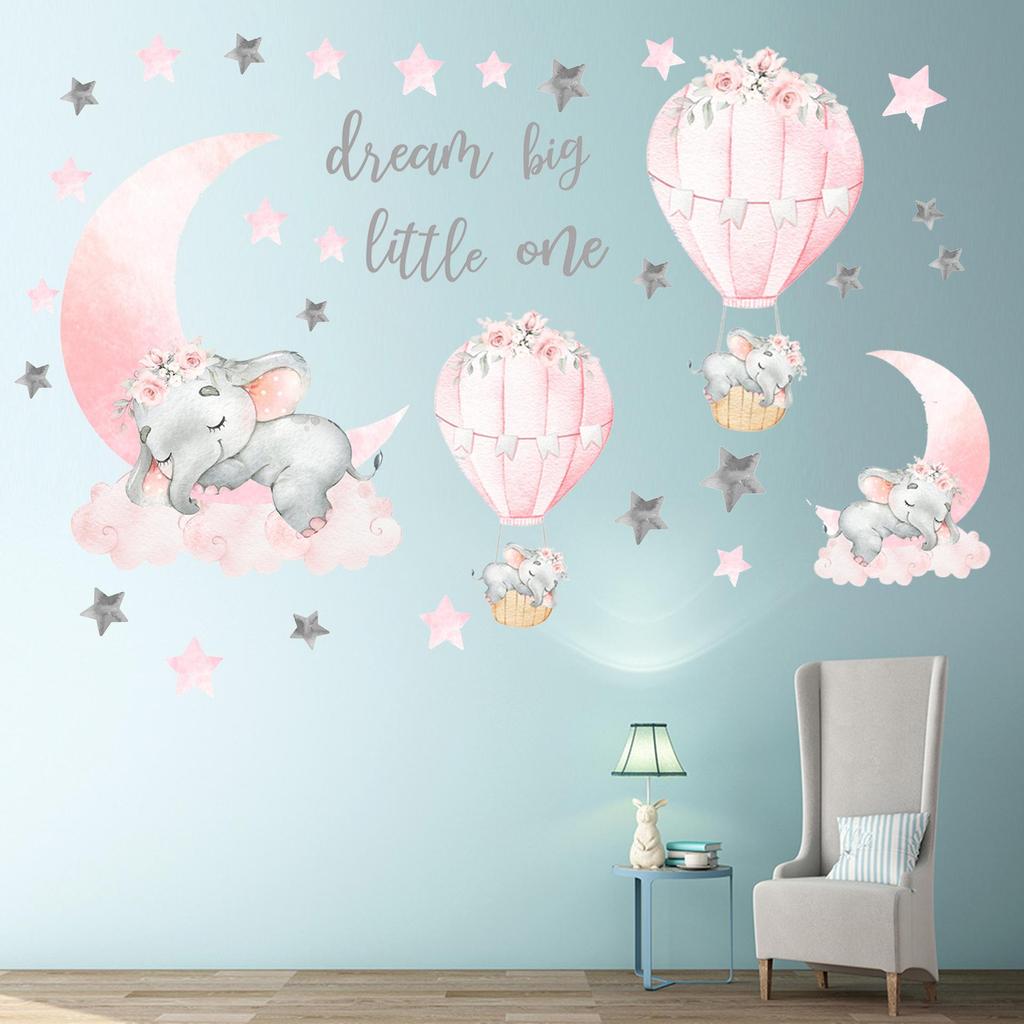 Наклейки на стену со слонами, розовая луна, звезда, воздушные шары, наклейки с животными, виниловые художественные наклейки для детей