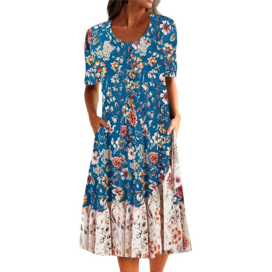 Женское летнее платье с цветочным принтом, круглым вырезом, короткими рукавами, карманами трапециевидной формы, свободный подол, длина до середины икры, дышащее мягкое повседневное повседневное платье миди