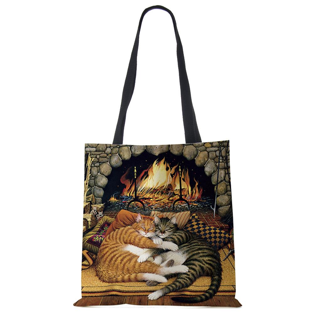 Женские дизайнерские большие сумки с принтом кота на заказ, льняная многоразовая сумка для покупок, сумки на плечо для женщин, 2020