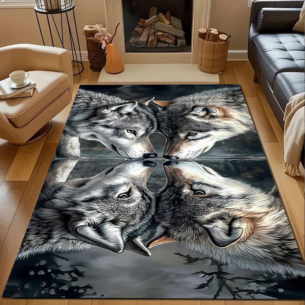 "Wolves Facing Reflection in Water" Patterned carpet, non slip mat suitable for living room and bedroom sofas
