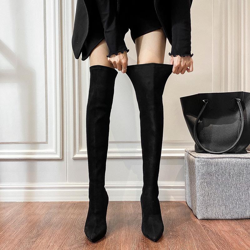 Autumn and winter middle heel women's boots solid color thick heel pointed boots thin boots knee elastic boots children