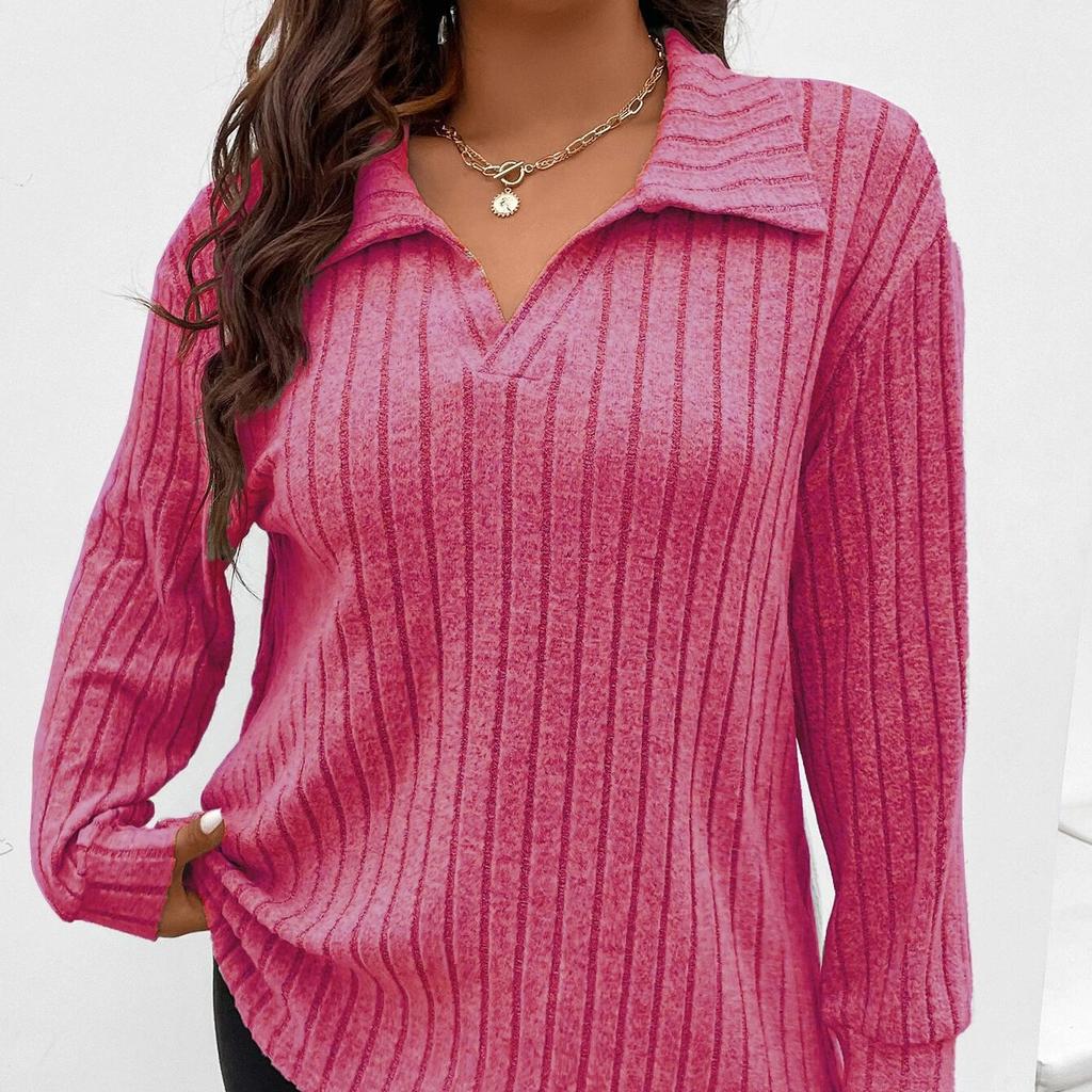 GMXIA Женская мода, повседневная футболка большого размера с однотонным принтом, осень-зима, с длинным рукавом, v-образным вырезом, матовая футболка с полосками, свободные свитера