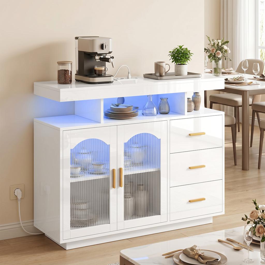 Sideboard with LED Lighting, Built-In Power Outlets, 3 Drawers, Shelves and 2 Acrylic Doors, Glossy White