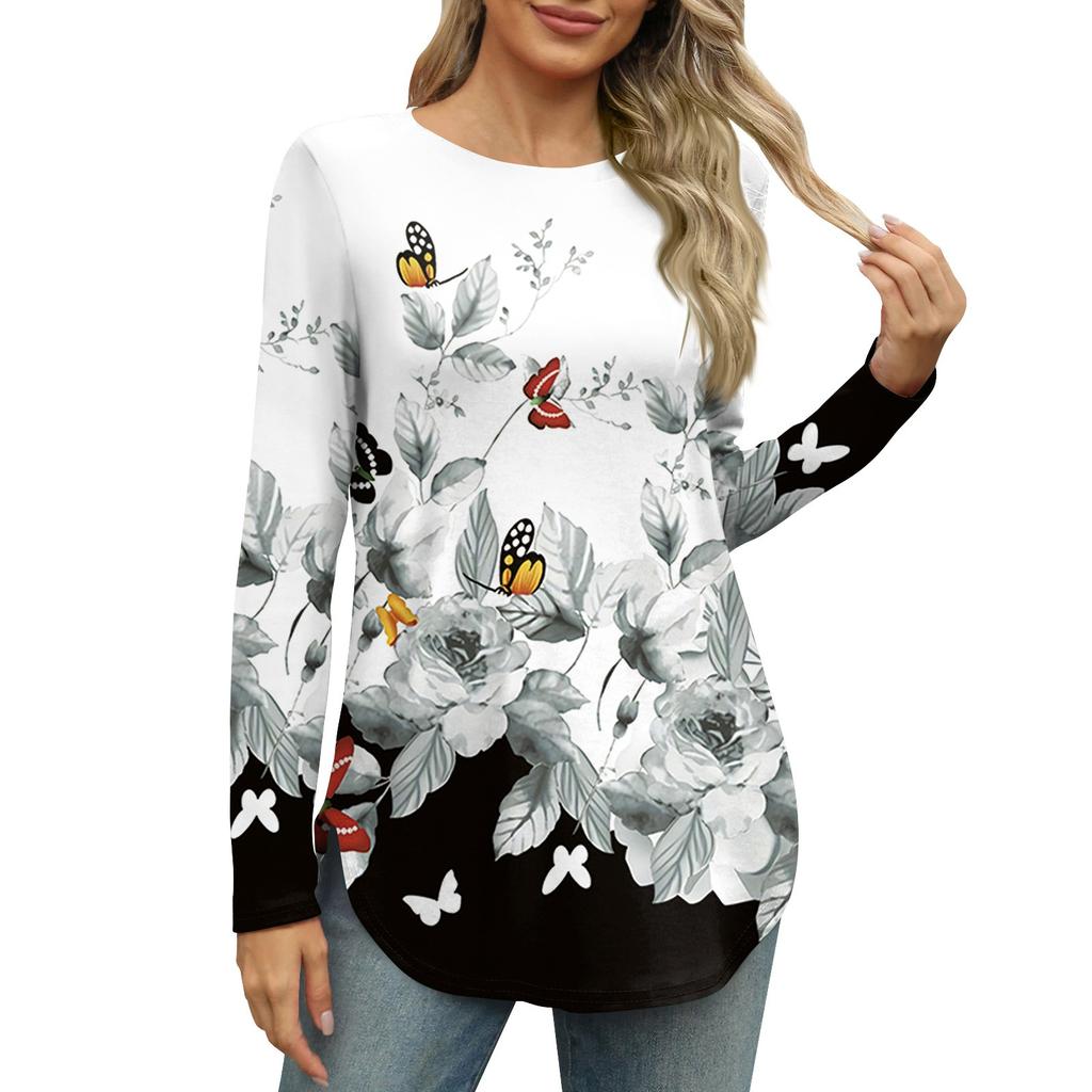 Женская рубашка с длинными рукавами, круглым вырезом и боковым разрезом, винтажный повседневный топ с цветочным принтом и листьями