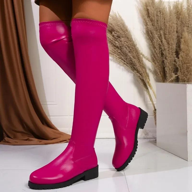 Женская обувь 2025 больших размеров ботфорты женские сапоги высокого качества современные сапоги женские с круглым носком на среднем каблуке слипоны женские