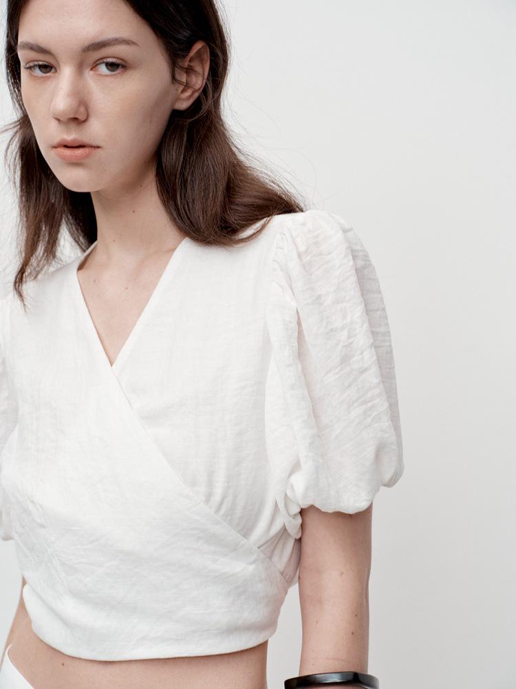 Французская блузка с пышными рукавами и завязками - Женский летний дизайн с V-образным вырезом, возвраты не принимаются