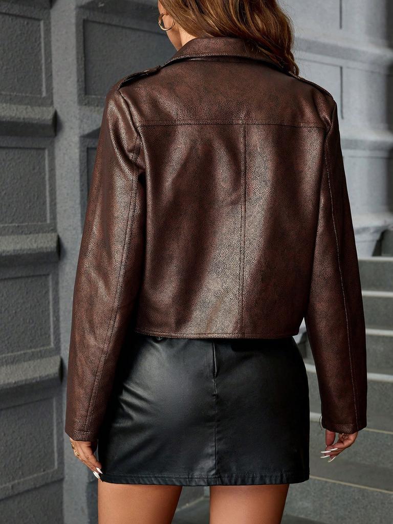 Rose Beauty A Punk Vintage Texture Collared Zip Design PU Leather Motorcycle Crop Jacket With Distressed Finish