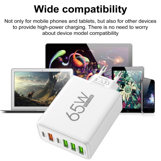 65 Вт 6 портов USB C PD Быстрое зарядное устройство-адаптер для iPhone Quick Charge 3.0 Защита от перезарядки Настенный адаптер Компактный Надежный адаптер питания