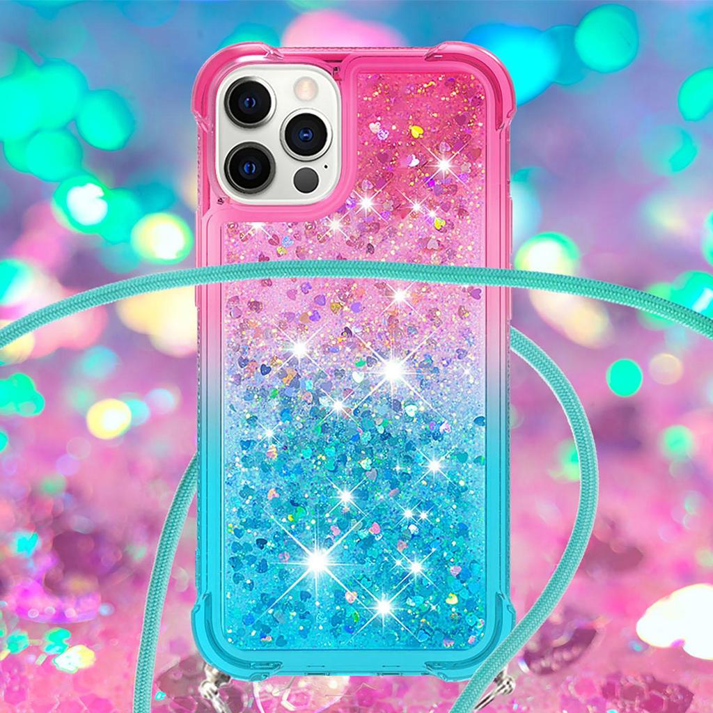 Плечевой ремень для девочек, прозрачный градиент, жидкий зыбучий песок, блестящие любовные блестки, чехол для телефона через плечо для iPhone, Samsung, Xiaomi, Huawei, силиконовый чехол-бампер