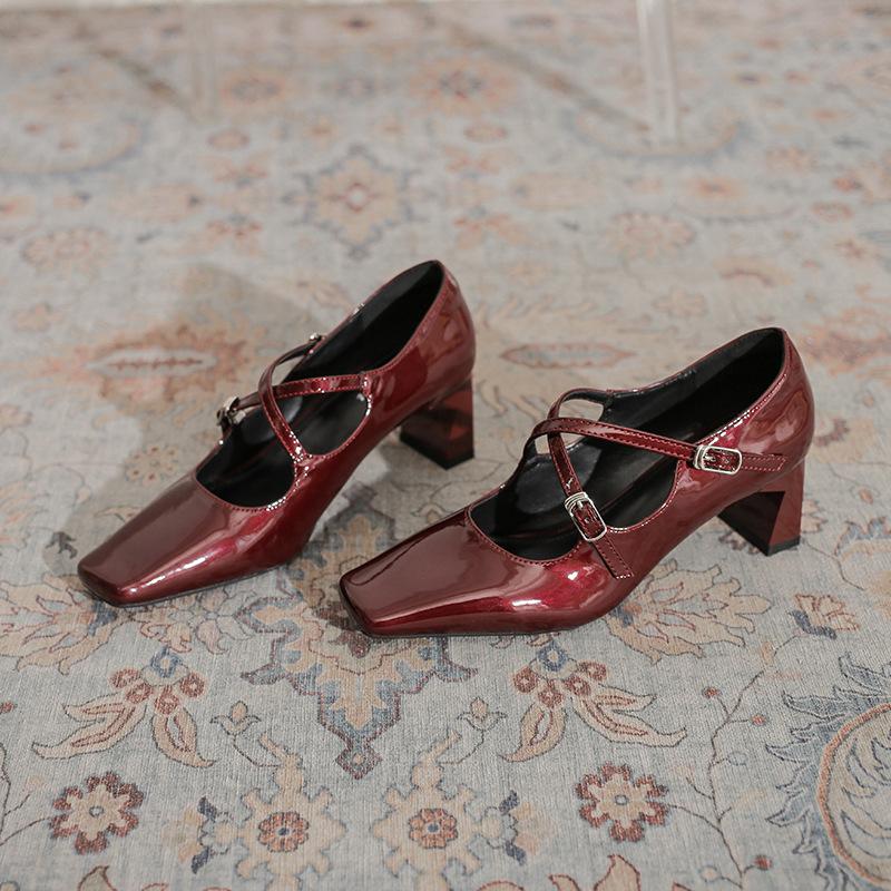 Cross-buckle 2025 spring new Mary Jane women's shoes square head retro silver thick heel light mouth versatile French single shoes