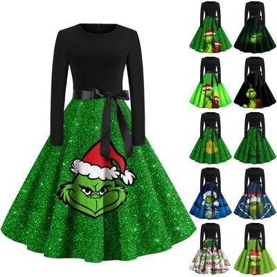 Женское модное повседневное платье с круглым вырезом и рождественским принтом и длинными рукавами