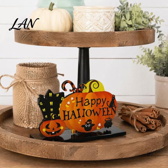 Halloween Wooden Ornaments Tabletop Ornaments, Freestanding Solid Wood Letter Signs, Decorative Table Centerpiece Desktop Accessories with Pumpkin And