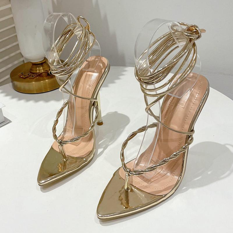 Женские модные сандалии-гладиаторы на каблуке с ремешками, сексуальные свадебные туфли с острым носком и узкой полосой на шпильке, вечерние свадебные туфли красного цвета