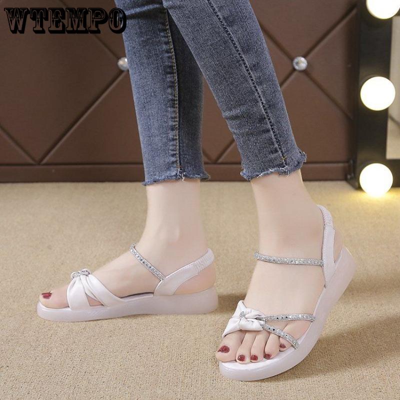 Женские сандалии, новые летние сандалии Fairy Wind с плоской подошвой, простые и универсальные сандалии со стразами наверху, нескользящая пляжная обувь с мягкой подошвой