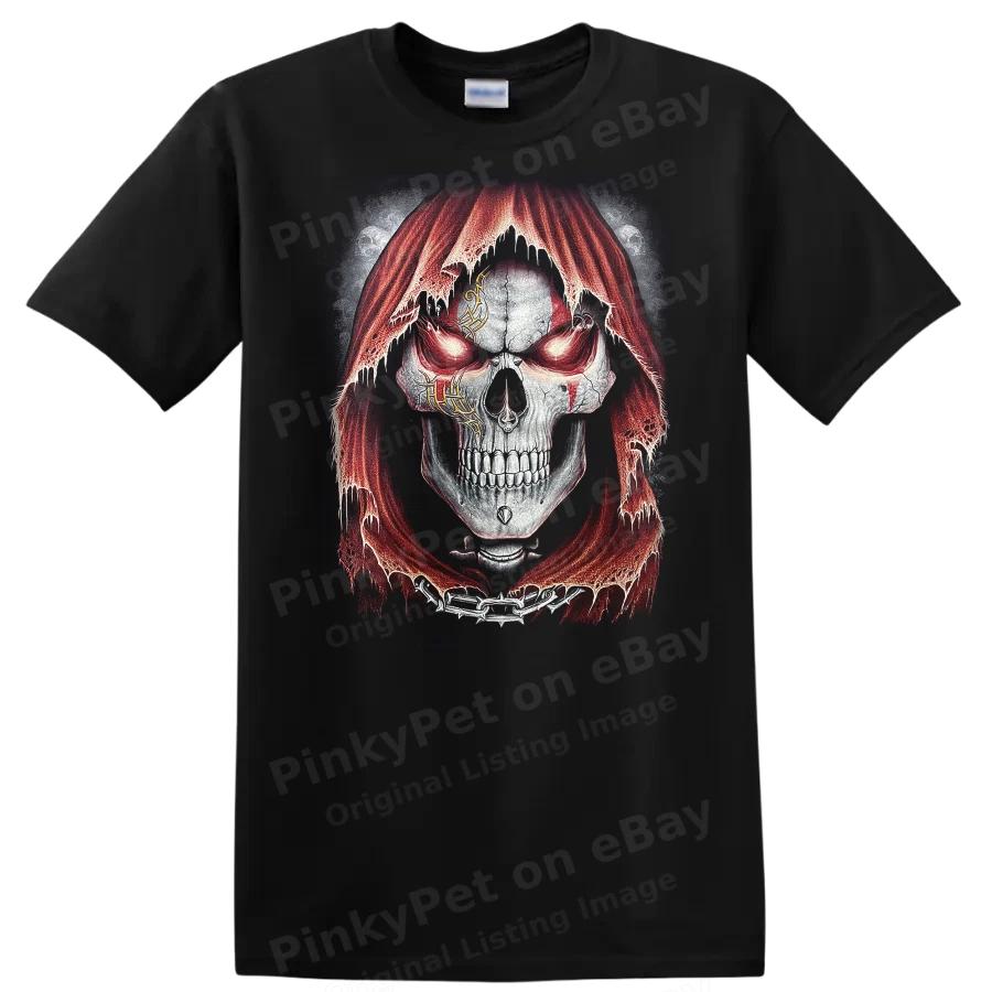 Skull Graphic T Shirt Red Hooded Design Halloween Tee Ghostly Art