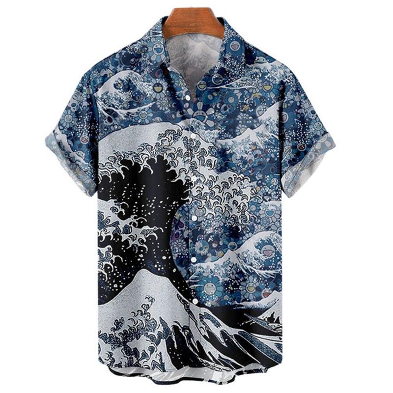 Men's Hawaiian Retro Waves Shirts 3D Printed Short Sleeves Casual Lapel Beach Style Tops Fashion Versatile Style Clothing
