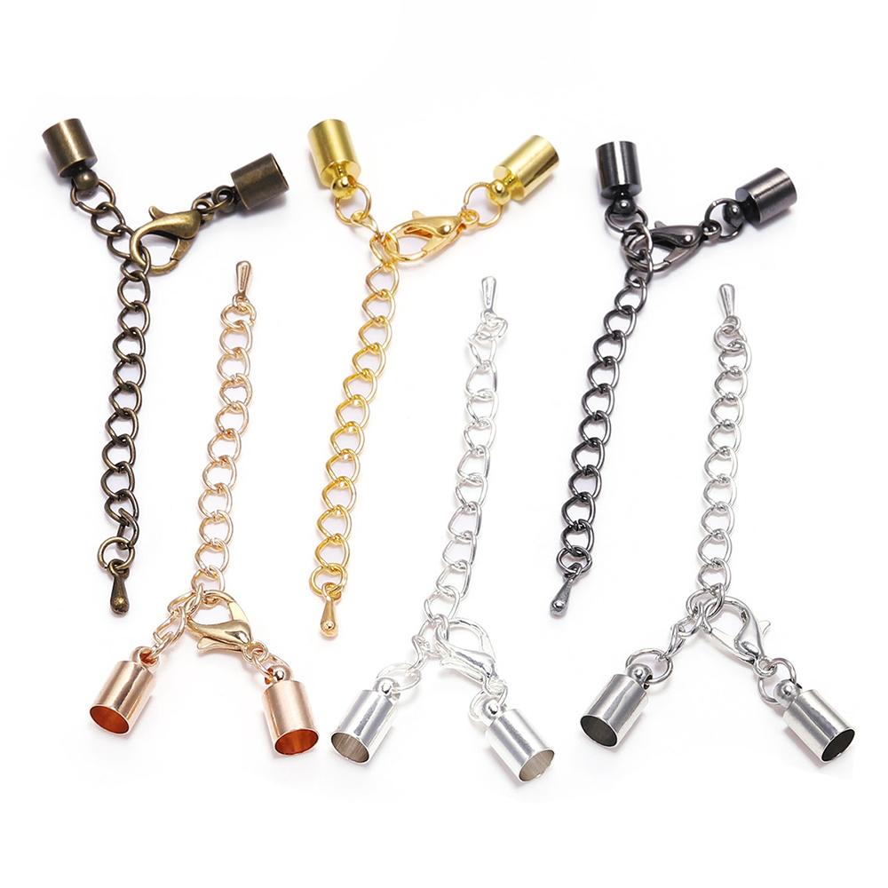 10pcs 3-10 mm Tassel Round Leather End Tip Caps With Extending chain Lobster Clasps Hooks Connectors For Jewelry Making Findings