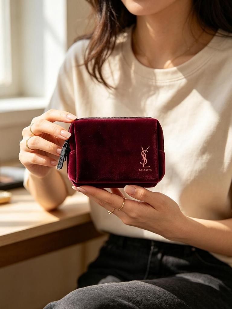 Косметичка YSL из бордового бархата, Роскошная косметичка от бренда красоты, Портативная маленькая сумочка на молнии для помады, наушников, ключей