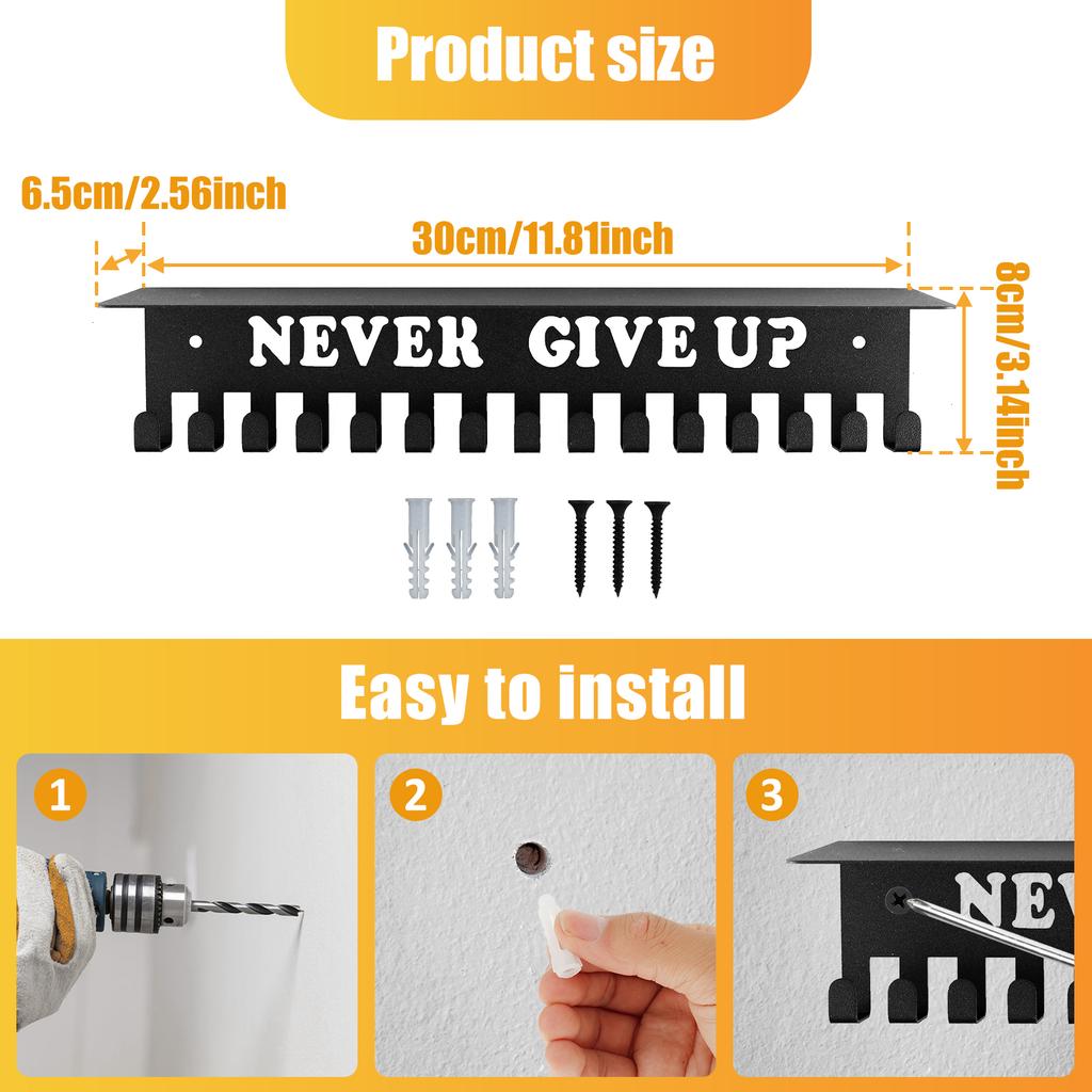 Medal Display Rack Wall-Mount Metal Sports Football Awards Display Shelf with Inspirational Words Anti-Rust Hanger Decorative