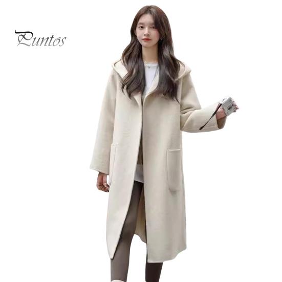 Women Winter Overcoat Hooded Pockets Pure Color Open Stitch Cardigan Mid Length Coat Thermal Long Sleeves Commuting Dating Winter Coat