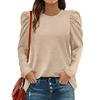 O-Neck Pleated Shoulder Puff Long Sleeves Women Blouse Fall Winter Solid