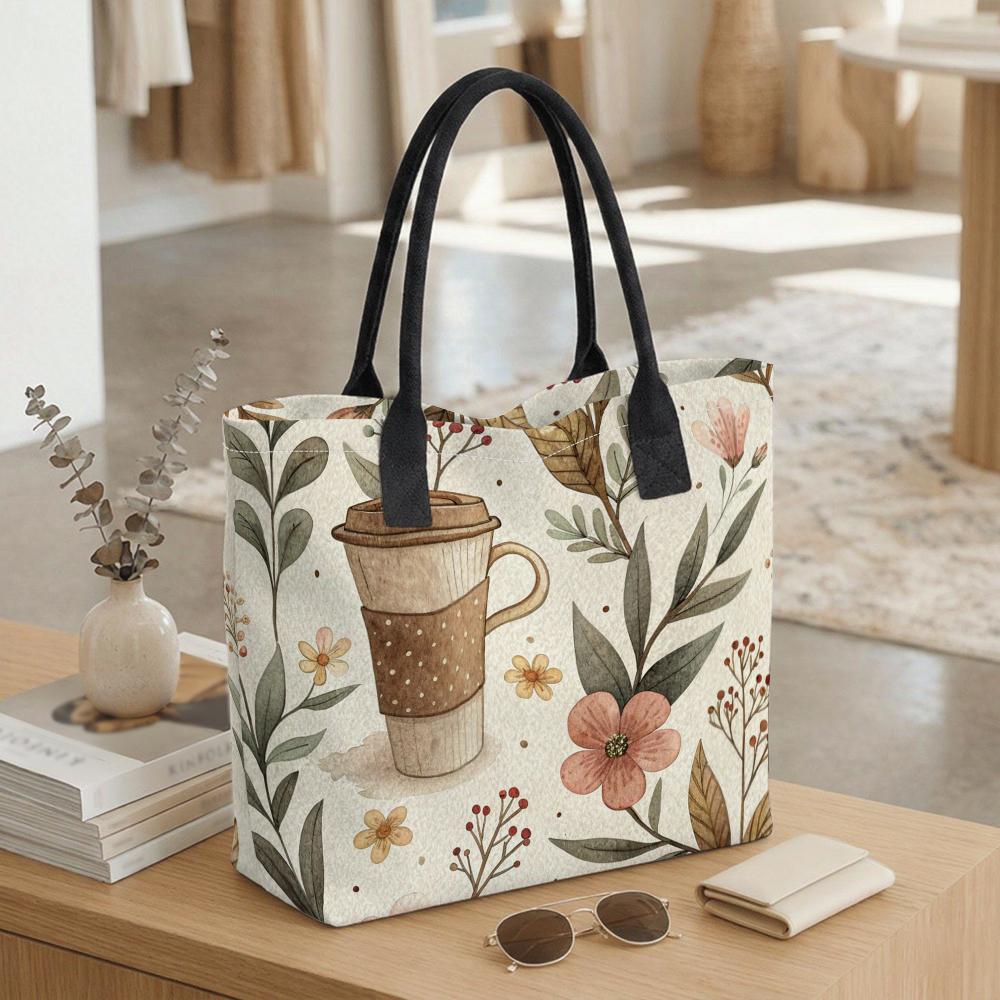 Floral Coffee Print Tote Bag Casual Large Capacity Handbag for Daily Use