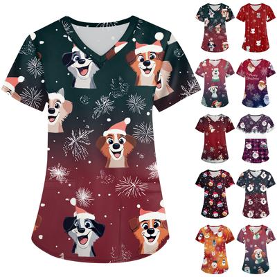 Женская мода с v-образным вырезом, короткими рукавами и карманами, топы с рождественским принтом