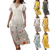 Women Summer Floral Dress Short Sleeve Beach Dress With Pockets Casual V-Neck Split Long T-Shirt Dress Travel Vacation