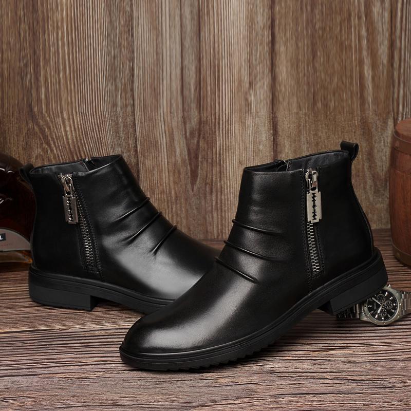 High Quality Men's Ankle Boots Genuine Leather Man Business Shoes Side Zipper Chelsea Boots Luxury Brand Warm Winter Ankle Shoes