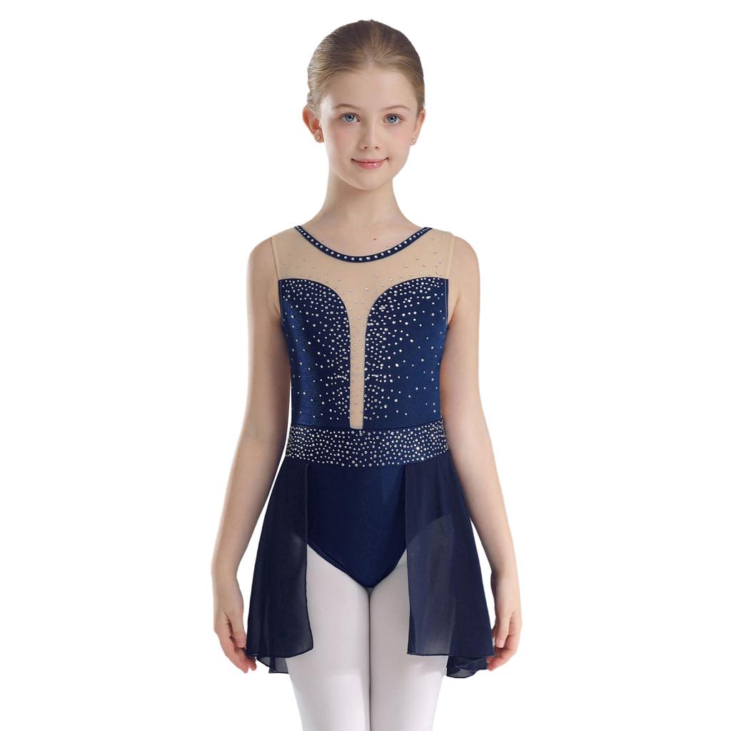 Kids Girls Ballet Lyrical Dance Figure Ice Skating Dress Hollow Back Mesh Gymnastics Leotard Dress