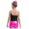 Girls Sports Set Sleeveless Patchwork Keyhole Back Leotard Metallic Shorts Hair Band Gymnastics Workout