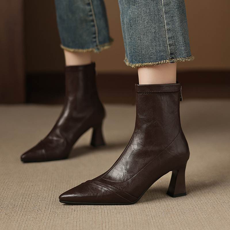 Krazing Pot Микрофибра Острый носок Тонкий высокий каблук Современные ботинки Размер 42 Молния Большой размер Женские Эластичные ботильоны