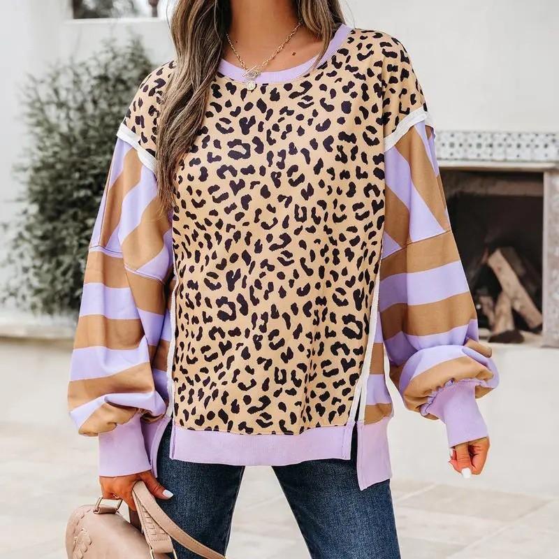 Womens Casual Oversized Round Neck Sweatshirt With Leopard Print Patchwork Stripe Design 2026