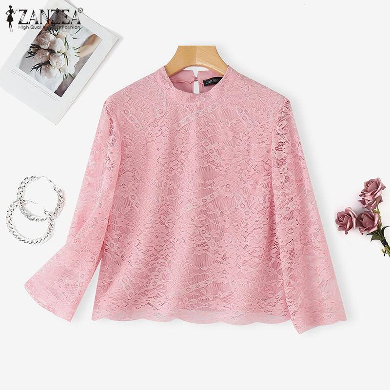 ZANZEA Женская повседневная блузка с круглым вырезом, рукавом 3/4 и кружевной вставкой