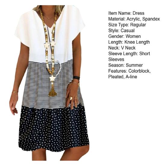 Женское летнее платье с цветными блоками и V-образным вырезом, короткими рукавами, свободным цифровым принтом, плиссированное платье-трапеция для свиданий, на каждый день