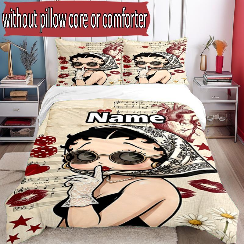 3pcs Duvet Cover Set (1*Duvet Cover + 2*Pillowcase, Without Core), Custom Name Betty Boop Pattern Bedding Set, Home Bedroom Decor Gift