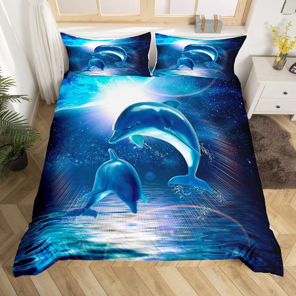 Dolphin Duvet Cover Set Cute Kawaii Wild Animals King Queen Full Size Polyester Bedding Set For Boys Girls Comforter Cover